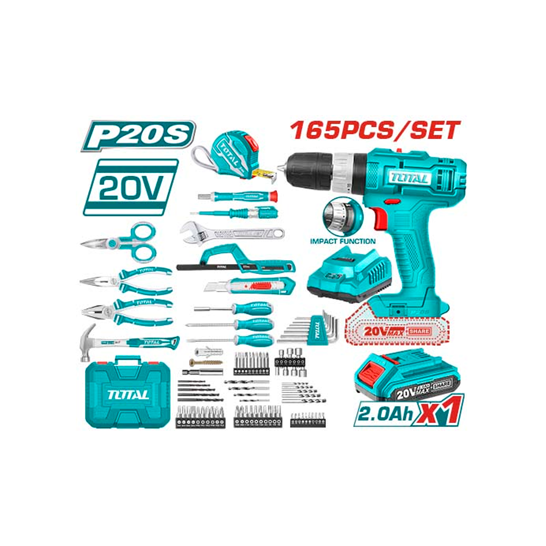 KIT PARAFUSADEIRA BATERIA TOTAL THKTHP11652 20V 66N 165PCS 1BATE/C/CAR