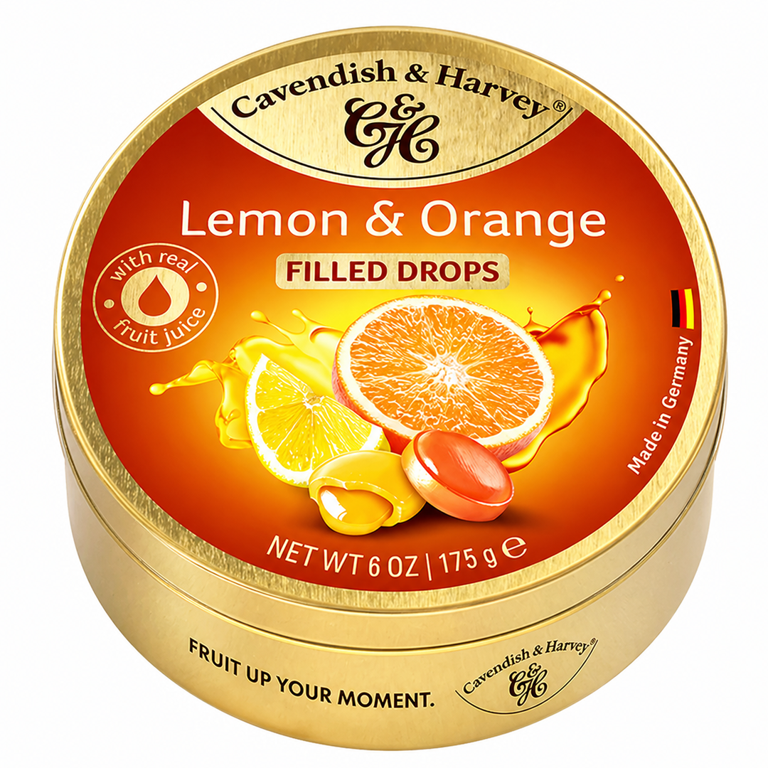 BALA DE FRUTAS CAVENDISH & HARVEY LEMON Y ORANGE DROPS LATA 200G