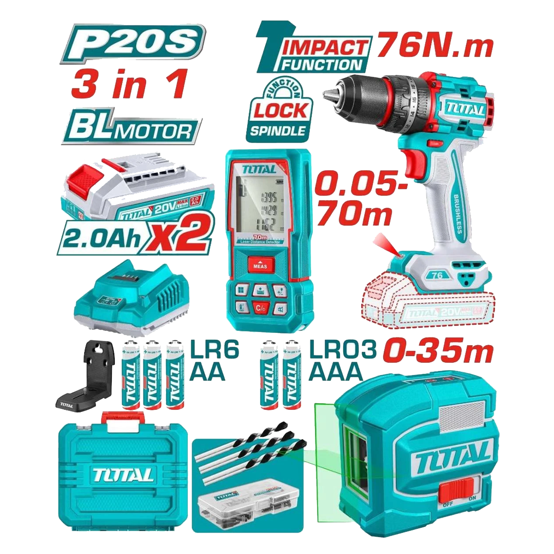 KIT TOTAL TOSLI250511 PARAF 20V/TRENA LASER 0.05-70M/NIVEL LASER 0-35M