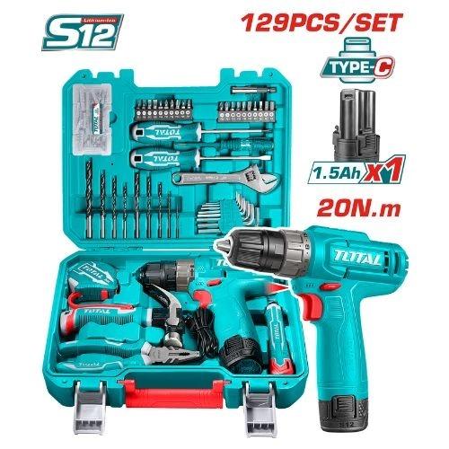 KIT PARAFUSADEIRA BATERIA TOTAL THKTHP11292 1.5AH 20N 129PCS C/CARREG