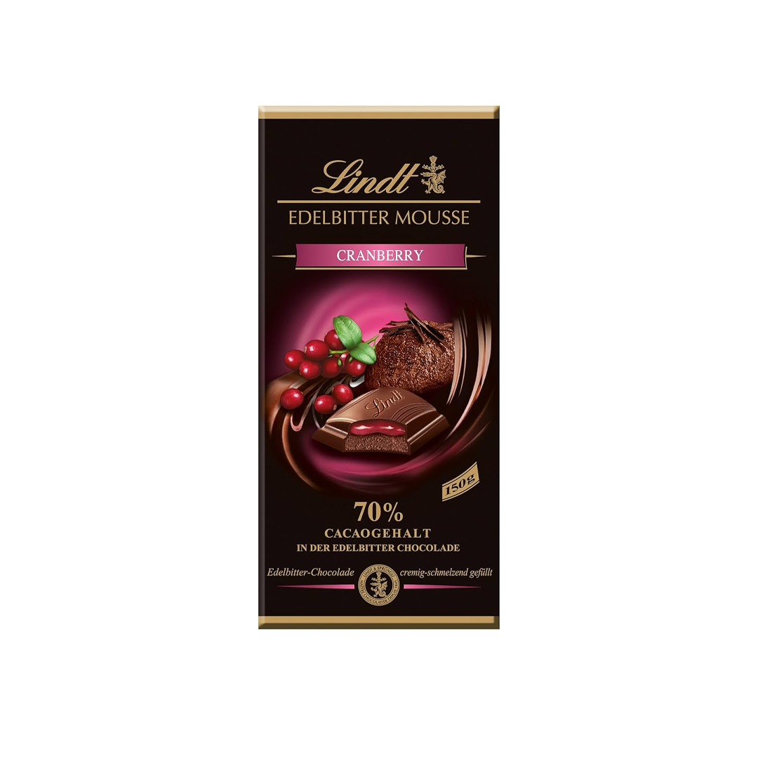 CHOCOLATE LINDT EDELBITTER MOUSE CRANBERRY 70% CACAOGELAT 150G